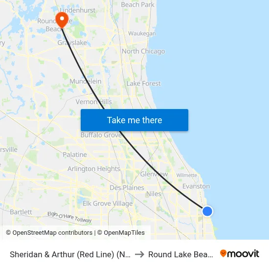 Sheridan & Arthur (Red Line) (North) to Round Lake Beach Il map