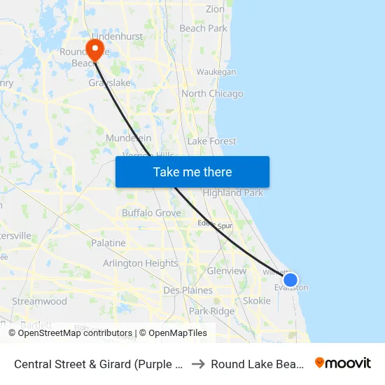 Central Street & Girard (Purple Line) to Round Lake Beach Il map