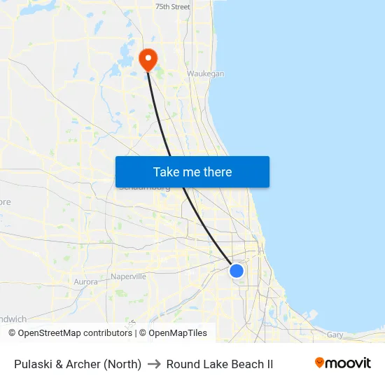 Pulaski & Archer (North) to Round Lake Beach Il map
