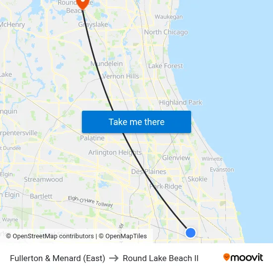 Fullerton & Menard (East) to Round Lake Beach Il map