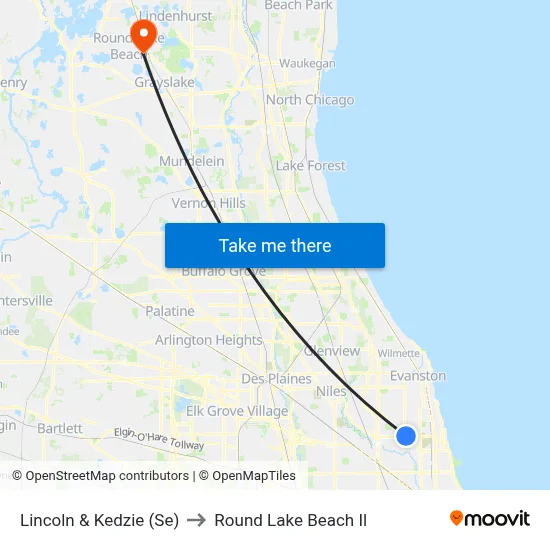 Lincoln & Kedzie (Se) to Round Lake Beach Il map