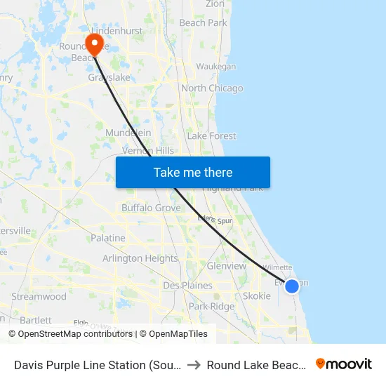Davis Purple Line Station (South) to Round Lake Beach Il map