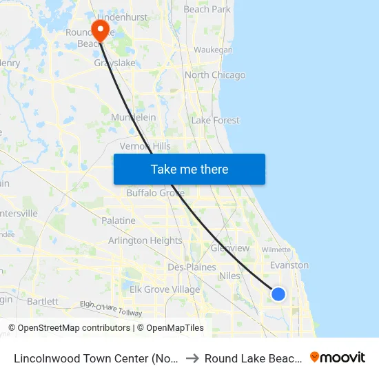 Lincolnwood Town Center (North) to Round Lake Beach Il map