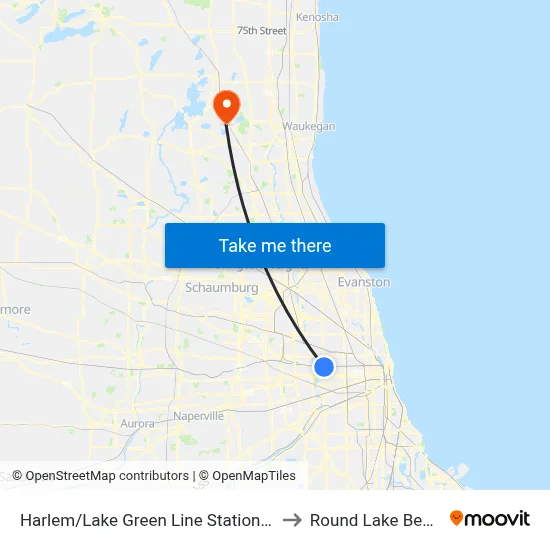 Harlem/Lake Green Line Station (West) to Round Lake Beach Il map