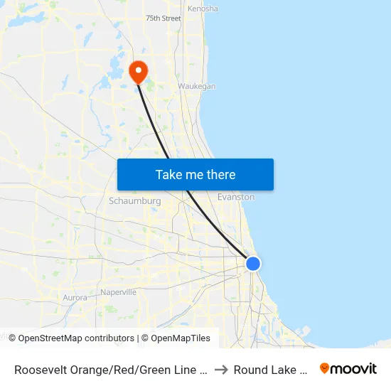 Roosevelt Orange/Red/Green Line Station (West) to Round Lake Beach Il map