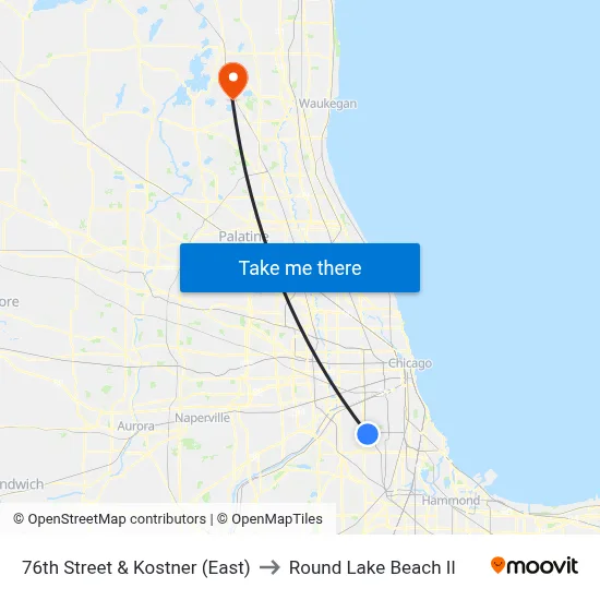 76th Street & Kostner (East) to Round Lake Beach Il map