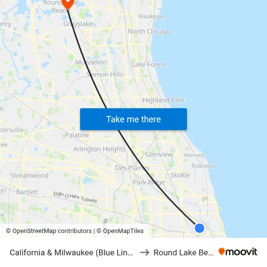 California & Milwaukee (Blue Line) (South) to Round Lake Beach Il map