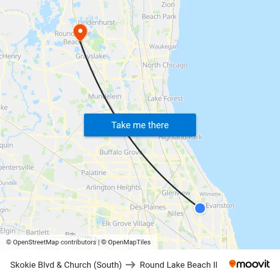 Skokie Blvd & Church (South) to Round Lake Beach Il map