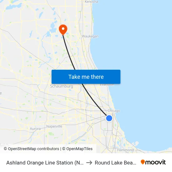 Ashland Orange Line Station (North) to Round Lake Beach Il map