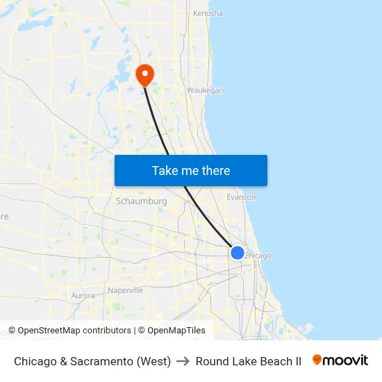 Chicago & Sacramento (West) to Round Lake Beach Il map