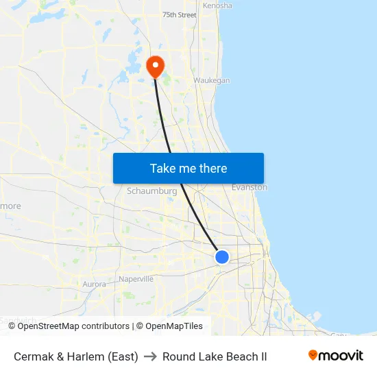 Cermak & Harlem (East) to Round Lake Beach Il map