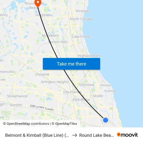 Belmont & Kimball (Blue Line) (West) to Round Lake Beach Il map