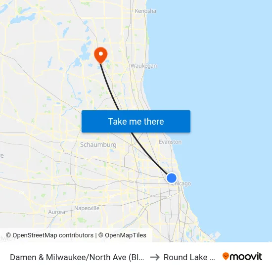 Damen & Milwaukee/North Ave (Blue Line) (North) to Round Lake Beach Il map