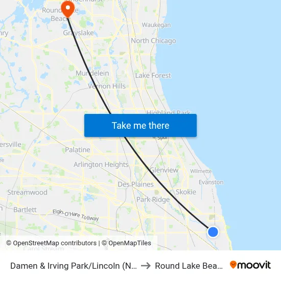 Damen & Irving Park/Lincoln (North) to Round Lake Beach Il map