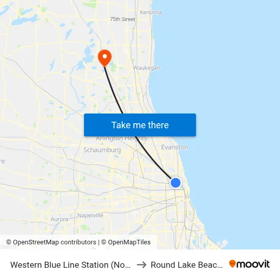 Western Blue Line Station (North) to Round Lake Beach Il map