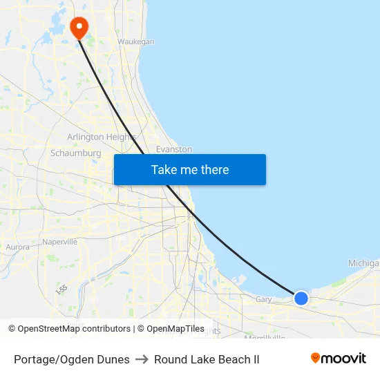 Portage/Ogden Dunes to Round Lake Beach Il map