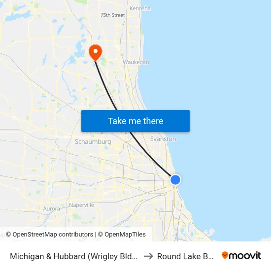 Michigan & Hubbard (Wrigley Bldg.) (South) to Round Lake Beach Il map
