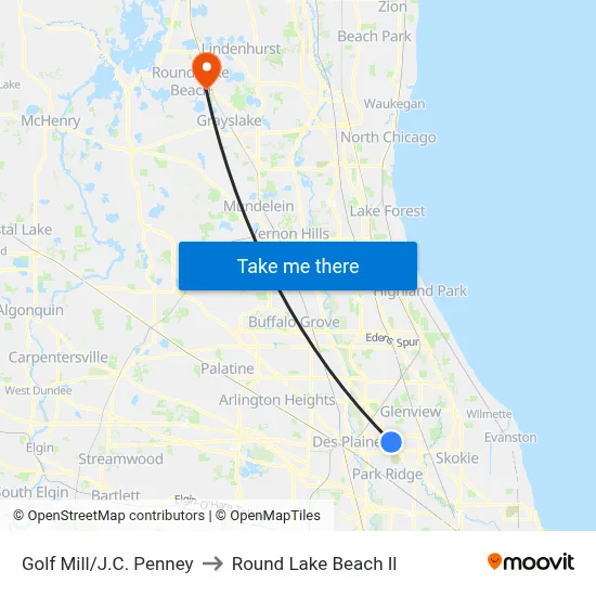 Golf Mill/J.C. Penney to Round Lake Beach Il map
