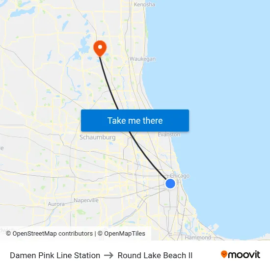 Damen Pink Line Station to Round Lake Beach Il map