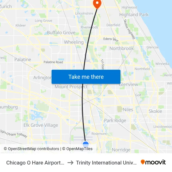 Chicago O Hare Airport ORD to Trinity International University map