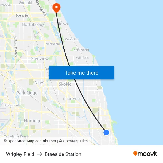 Wrigley Field to Braeside Station map