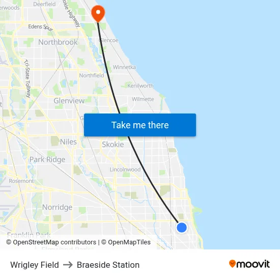 Wrigley Field to Braeside Station map