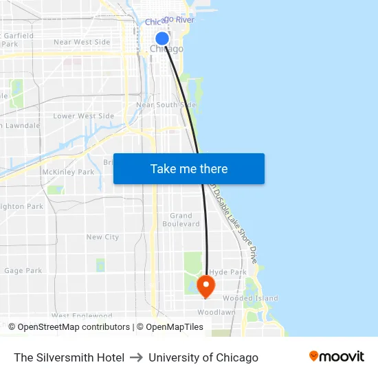 The Silversmith Hotel to University of Chicago map