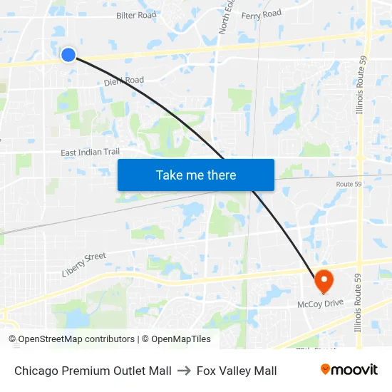 Chicago Premium Outlet Mall to Fox Valley Mall map