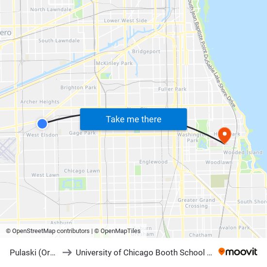 Pulaski (Orange) to University of Chicago Booth School of Business map