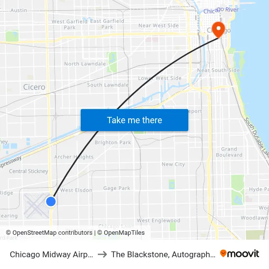 Chicago Midway Airport MDW to The Blackstone, Autograph Collection map