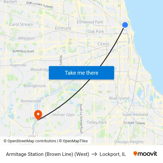 Armitage Station (Brown Line) (West) to Lockport, IL map