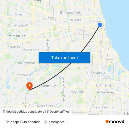 Chicago Bus Station to Lockport, IL map