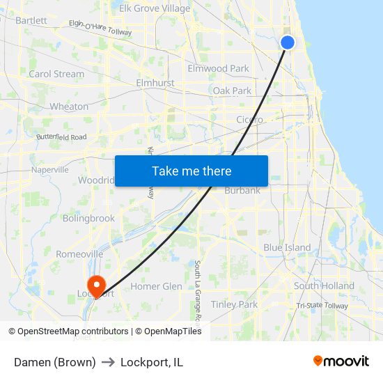 Damen (Brown) to Lockport, IL map