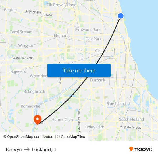 Berwyn to Lockport, IL map