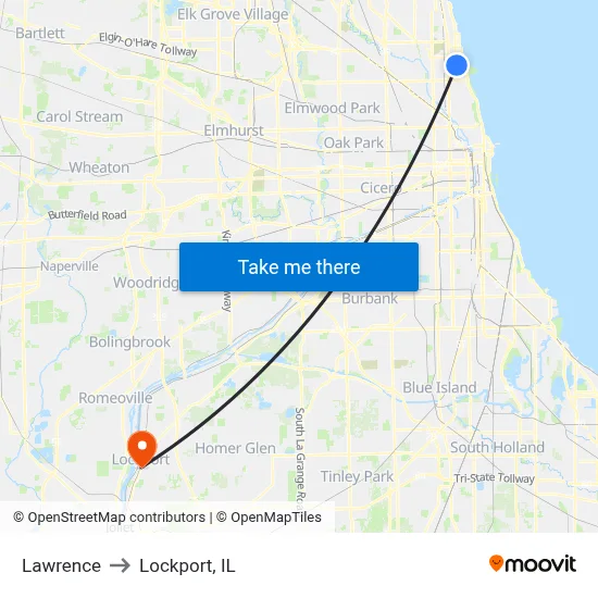 Lawrence to Lockport, IL map