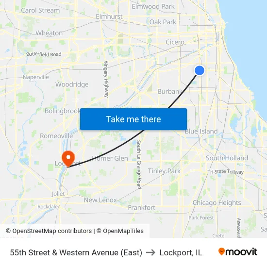 55th Street & Western Avenue (East) to Lockport, IL map