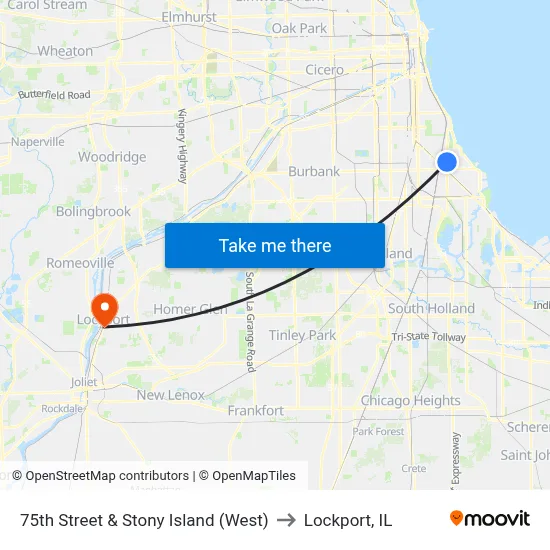 75th Street & Stony Island (West) to Lockport, IL map