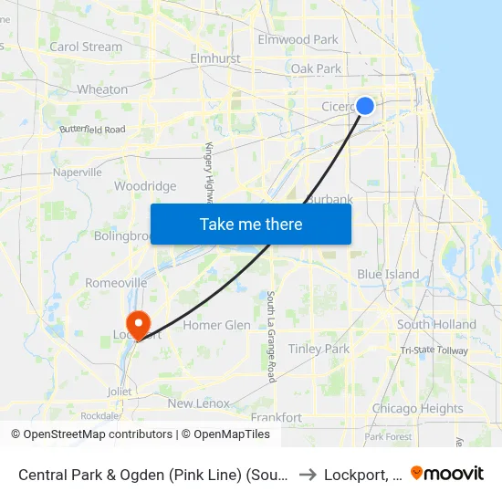 Central Park & Ogden (Pink Line) (South) to Lockport, IL map