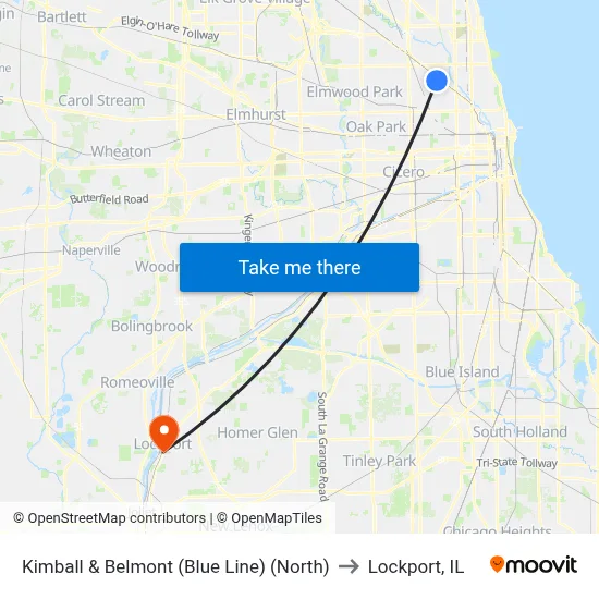 Kimball & Belmont (Blue Line) (North) to Lockport, IL map