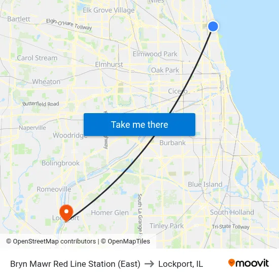Bryn Mawr Red Line Station (East) to Lockport, IL map