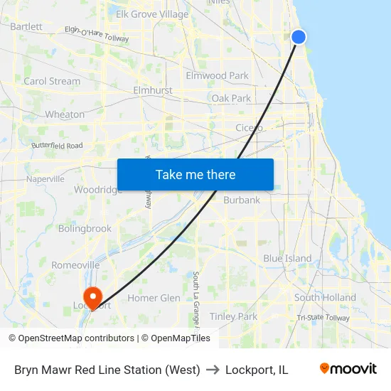 Bryn Mawr Red Line Station (West) to Lockport, IL map