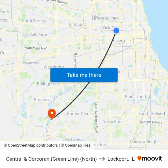 Central & Corcoran (Green Line) (North) to Lockport, IL map