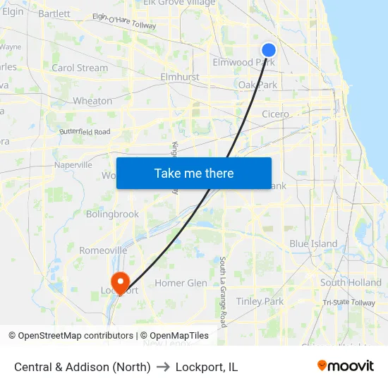 Central & Addison (North) to Lockport, IL map