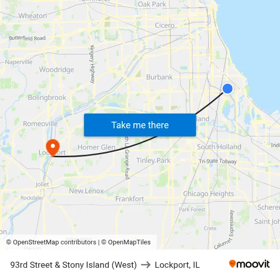 93rd Street & Stony Island (West) to Lockport, IL map