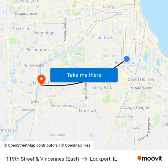 119th Street & Vincennes (East) to Lockport, IL map