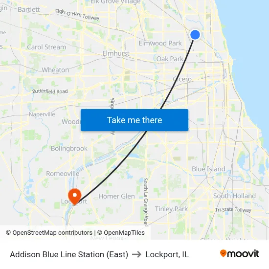 Addison Blue Line Station (East) to Lockport, IL map