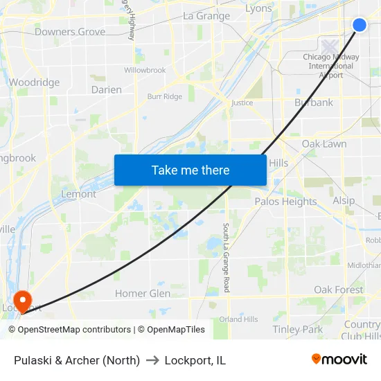 Pulaski & Archer (North) to Lockport, IL map