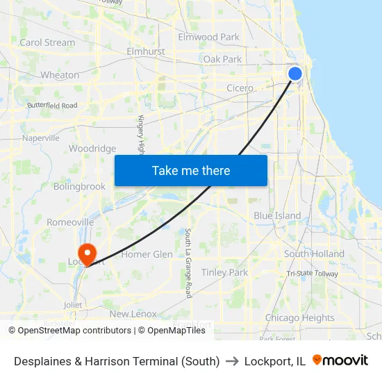 Desplaines & Harrison Terminal (South) to Lockport, IL map