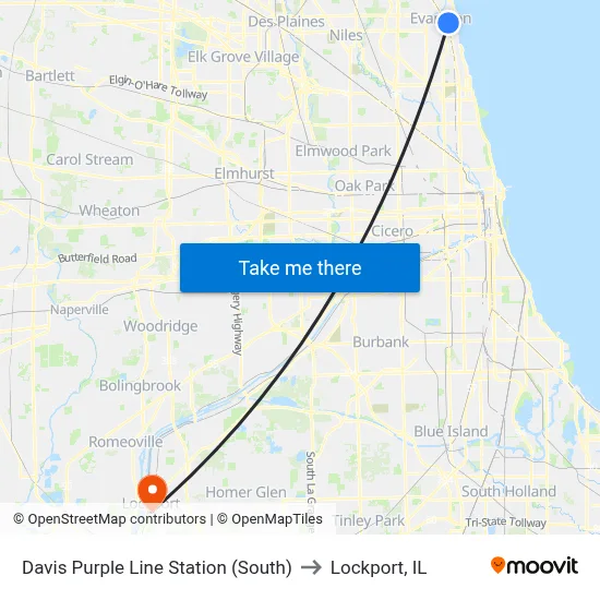 Davis Purple Line Station (South) to Lockport, IL map