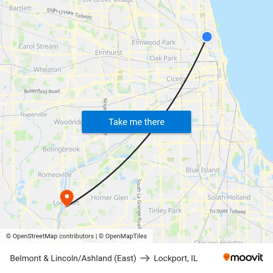 Belmont & Lincoln/Ashland (East) to Lockport, IL map
